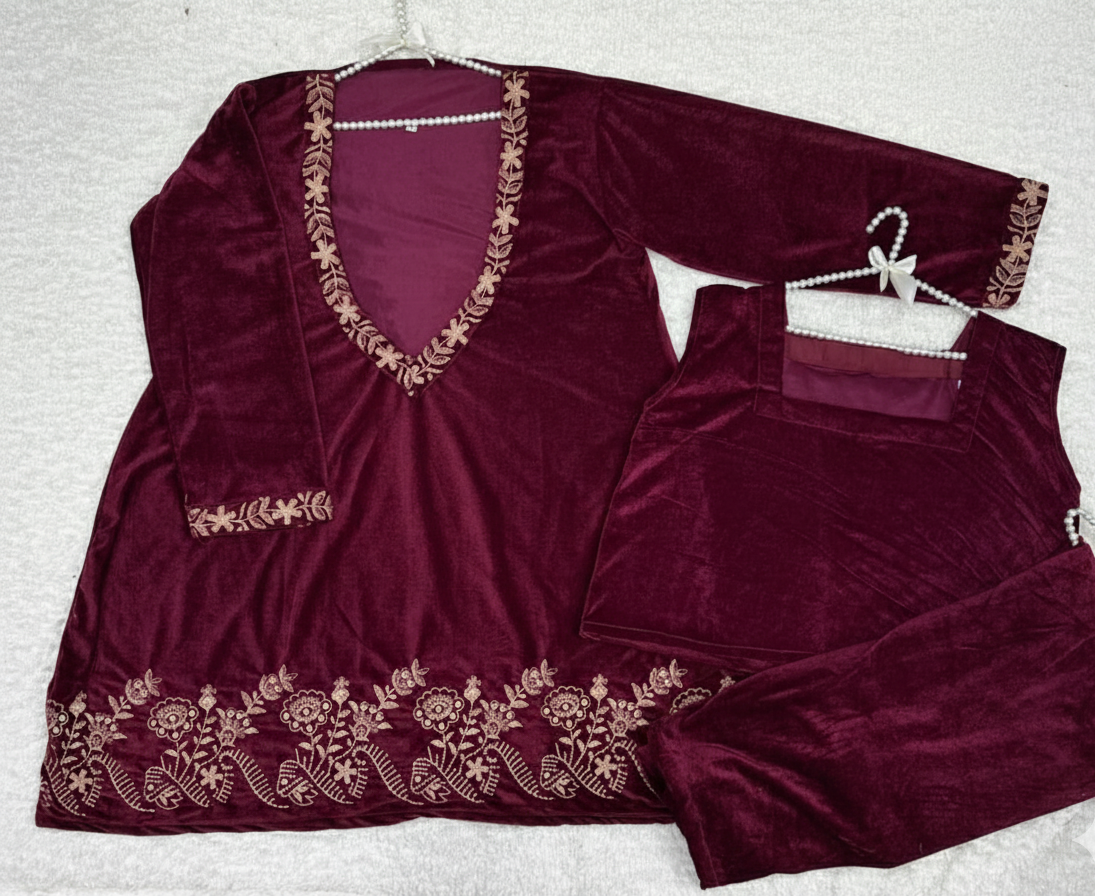 3-Piece Velvet Embroidered Suit