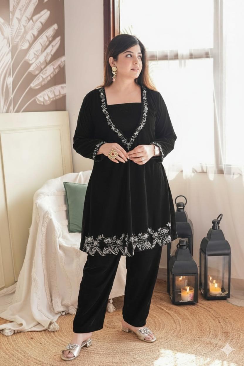 3-Piece Velvet Embroidered Suit