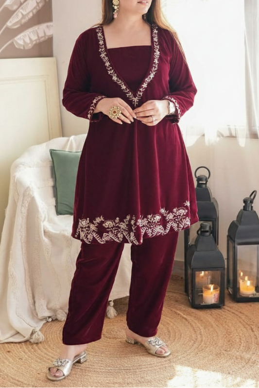 3-Piece Velvet Embroidered Suit