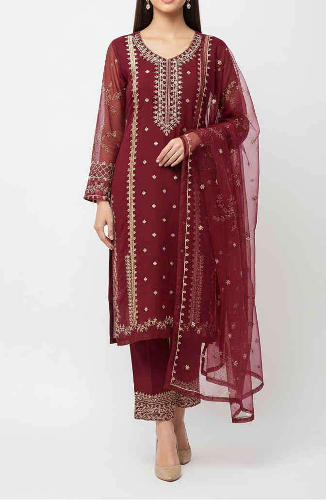 3Pcs Heavy Embroidered Suit