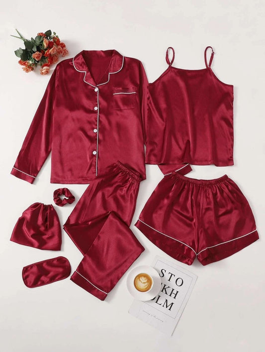 7-Piece Silk Piping Night Suit Set