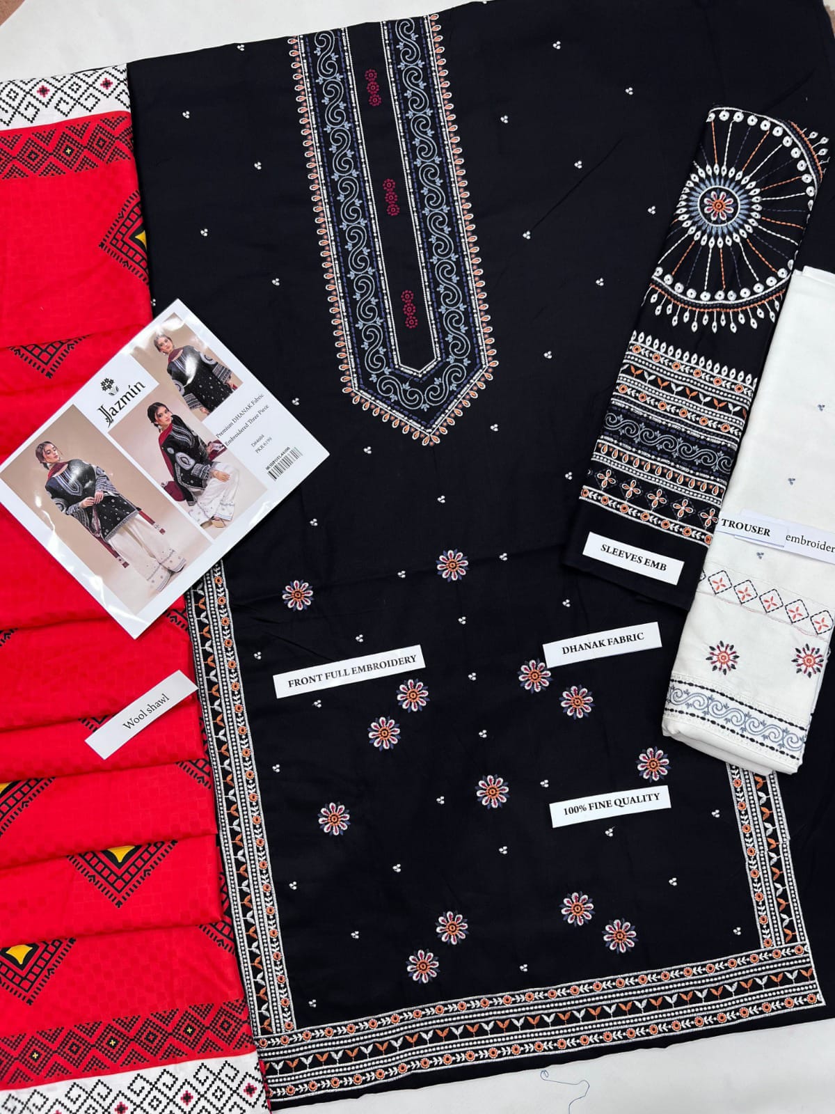 3Pcs Dhanak Embroidered Suit