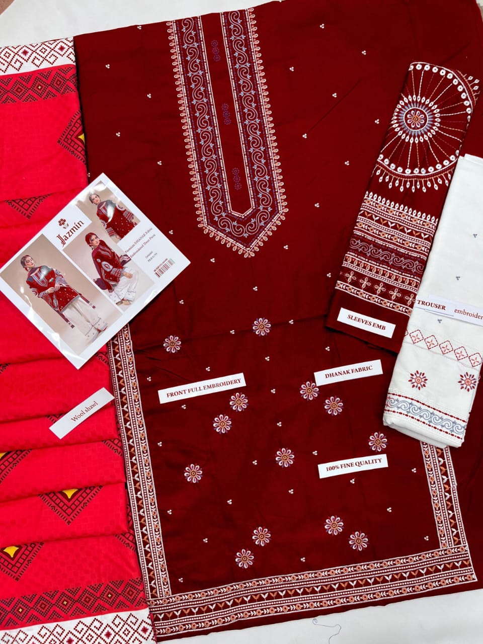 3Pcs Dhanak Embroidered Suit