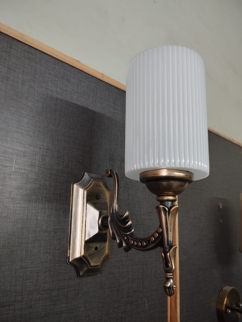 White Ribbed Wall Lamp with Brass Bracket