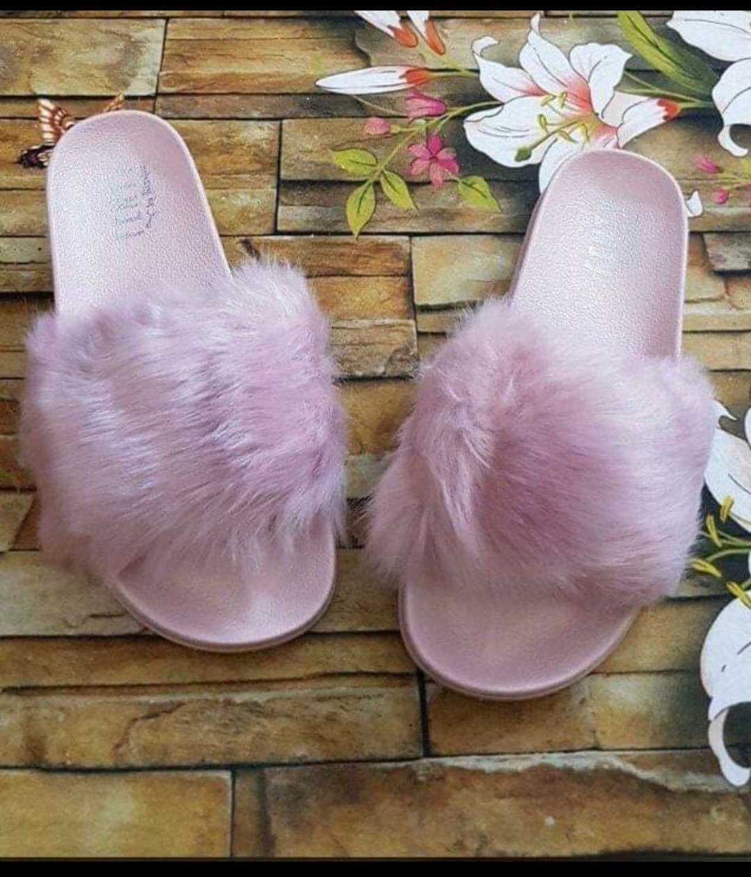 Baby pink fur slides hot sale